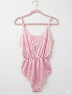 Deena Vintage 80s Women's Pink Lace Trim Nylon Satin Teddy Lengerie Sz M